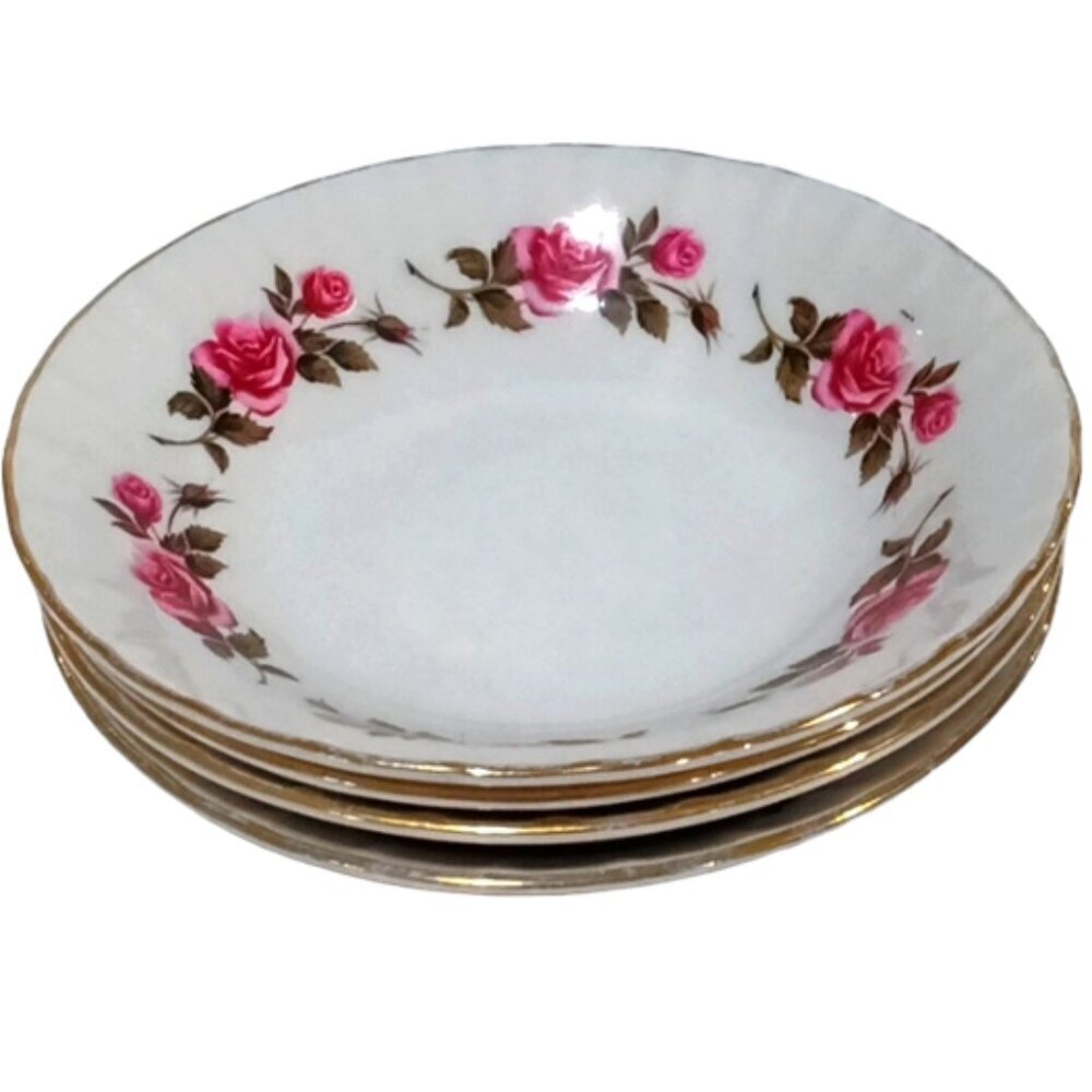 Vintage Ridgeway White Mist Romance Pattern Pink Roses 5¼" Nappy Bowls Set of 4‎